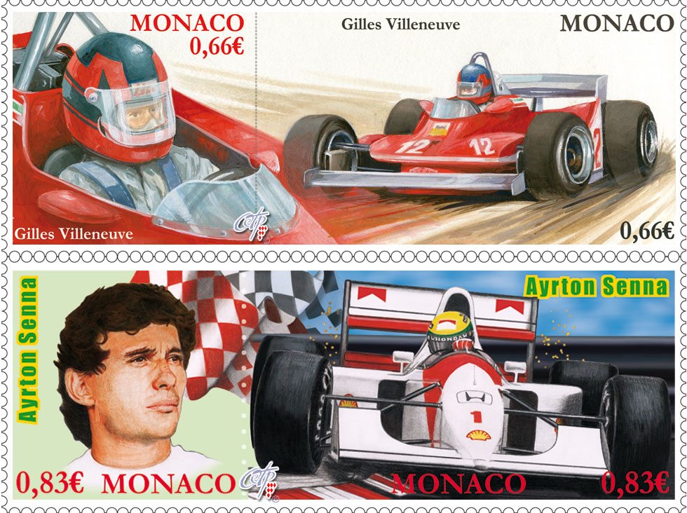 Legendary F1 Drivers – Gilles Villeneuve and Ayrton Senna commemorated on Monaco stamps