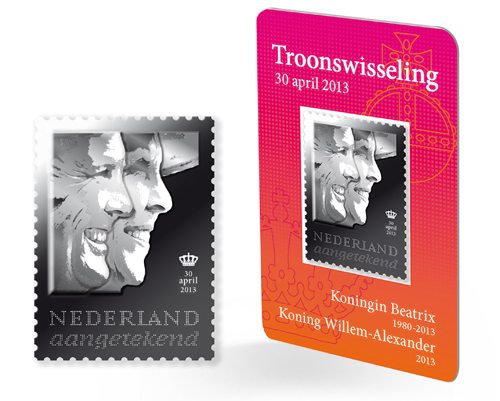 Change of Throne, 30 April 2013 – Queen Beatrix, King Willem-Alexander 3D Silver stamp from the Netherlands
