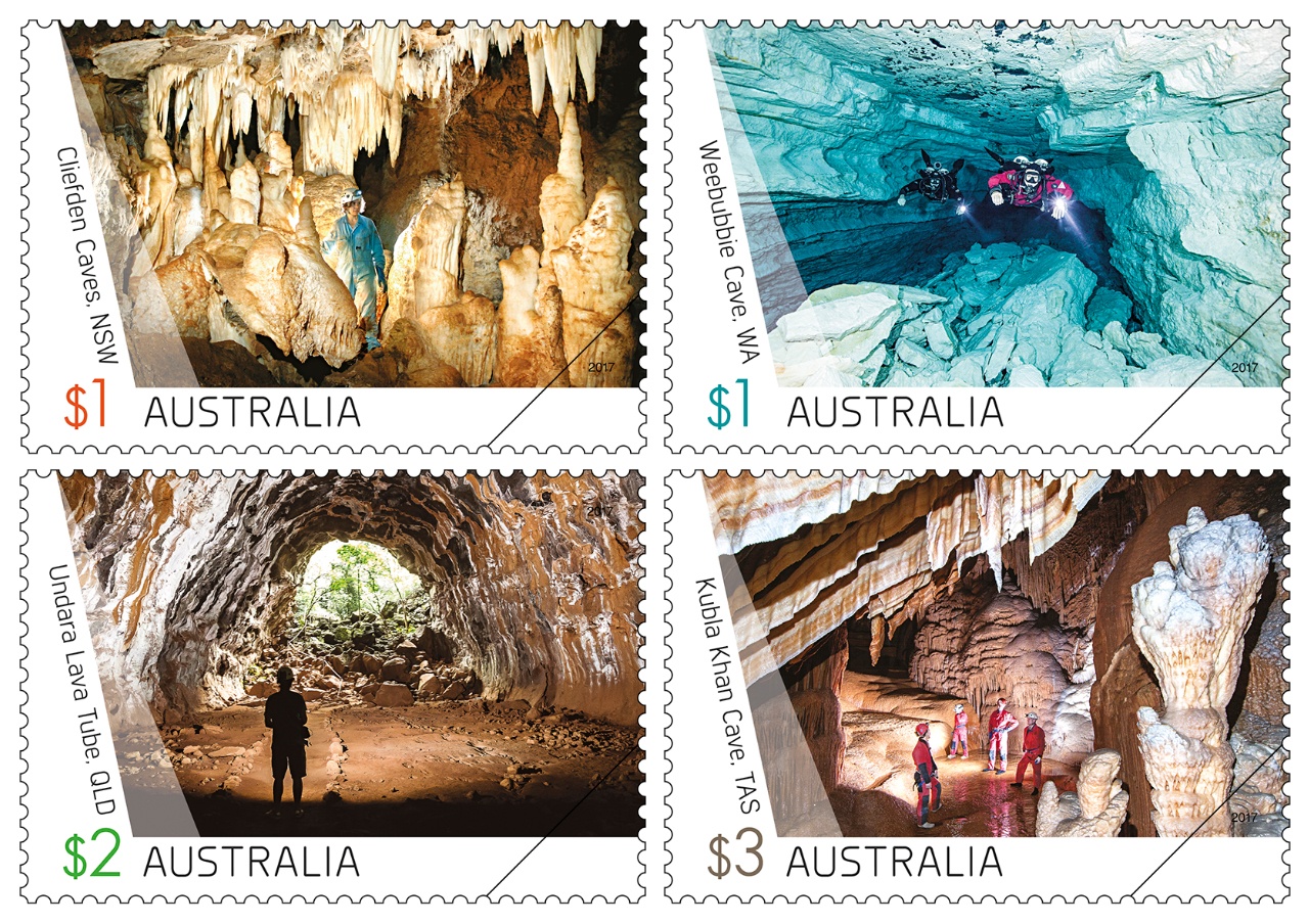 Magnificent and so captivating Australian caves. Four special stamps released by Australia Post