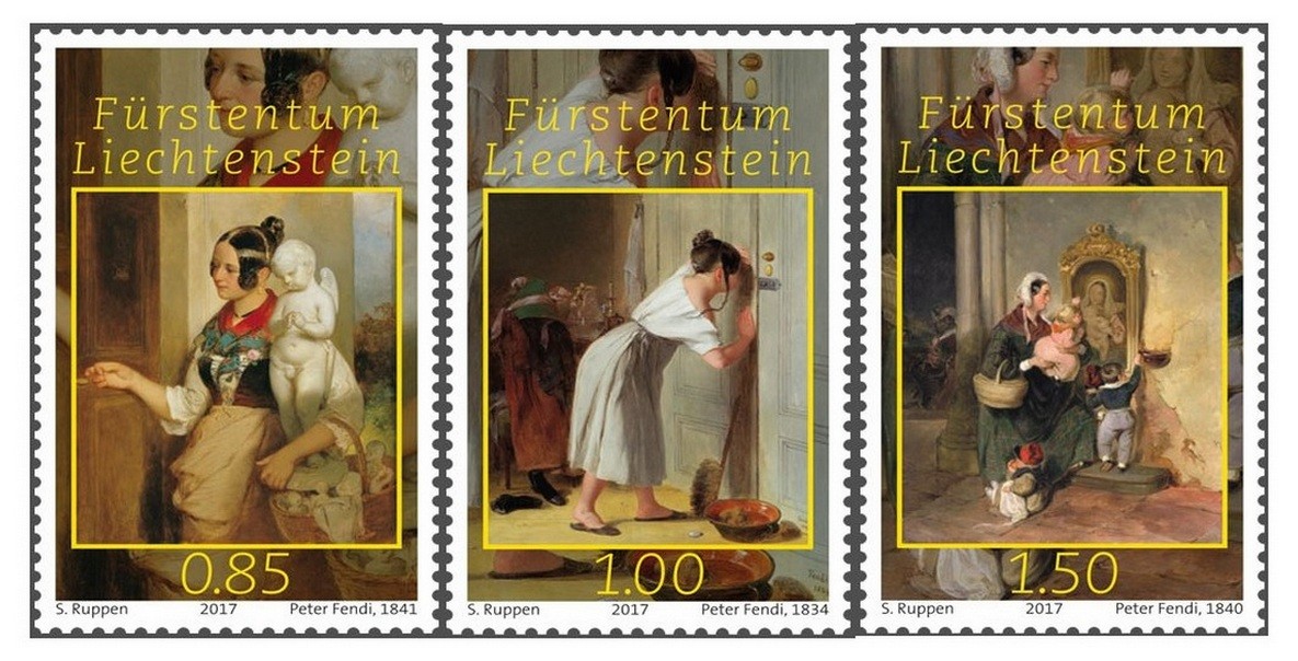 Viennese Biedermeier paintings marked by Liechtenstein Post. Three bright stamps from “Princely Treasures” series released