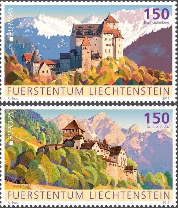 Vaduz and Gutenberg as the brightest castles of Liechtenstein. Two EUROPA 2017 stamps presented by Liechtenstein Post