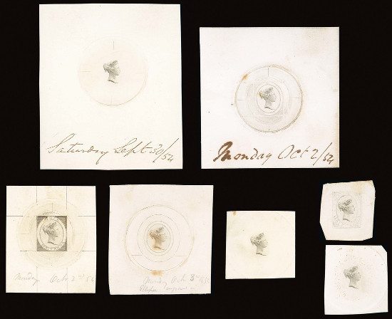 The nine illustrations show the evolution of the stamp’s design. 1855 Indian issue essays will star at the next stamp auction!