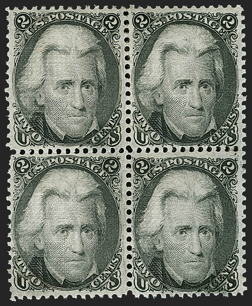2c Black D. Grill block of four stamps is to be auctioned by Siegel. A famous US rarity is to fetch $80,000!