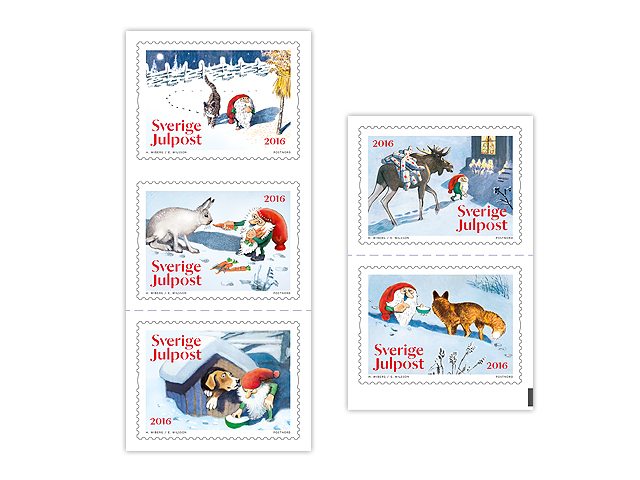 Cute barn elves illustrated by Harald Wiberg. Five Christmas stamps released by Sweden Post