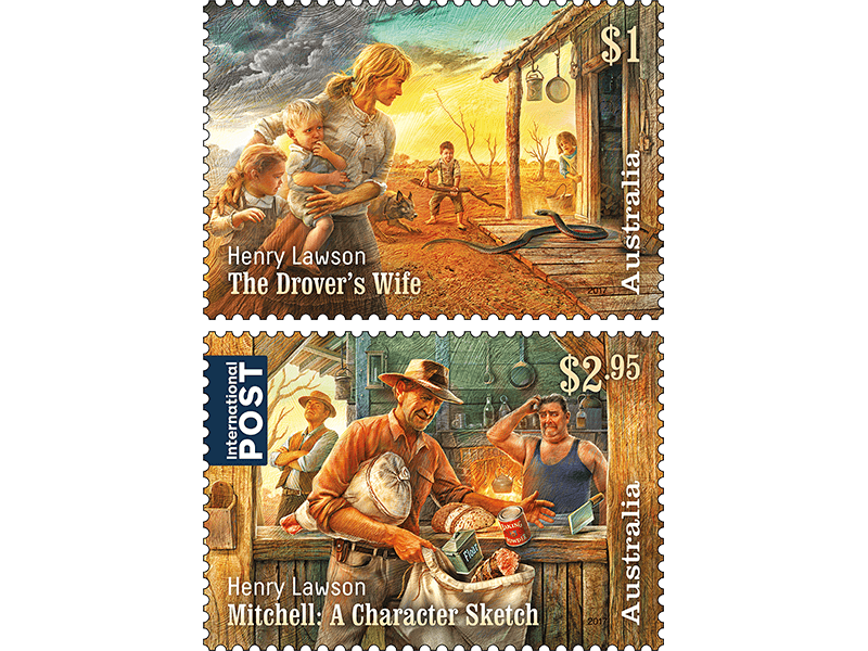 The short fiction of Henry Lawson commemorated by Australia Post. Two specially designed stamps released