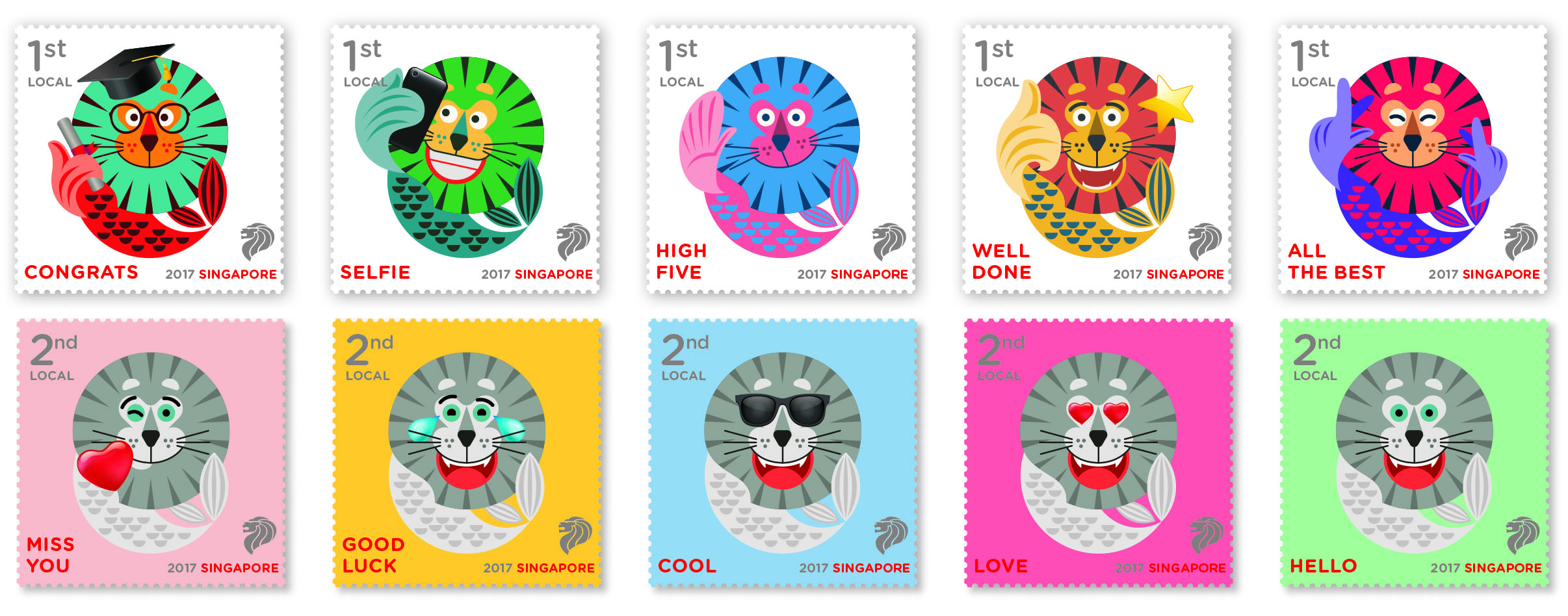 The national symbol commemorated by Singapore Post. 10 Merlion emoji stamps released