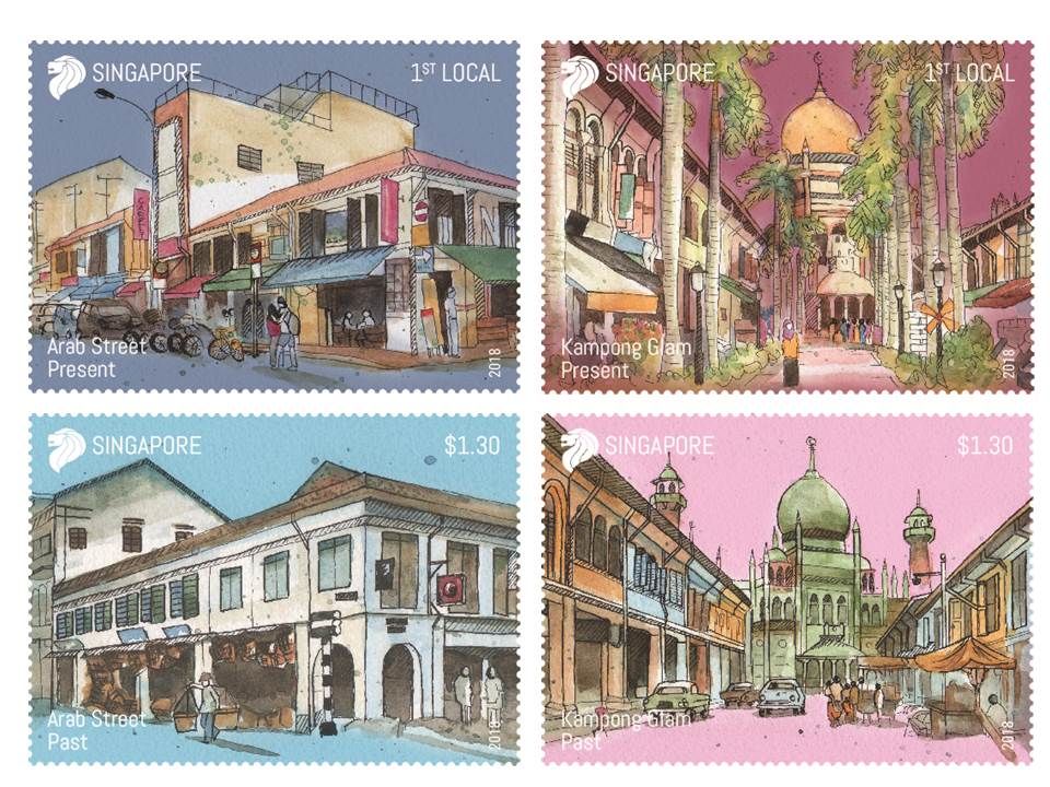 Famous Arab Street and Kampong Glam commemorated by Singapore Post. Four colourful and bright stamps released