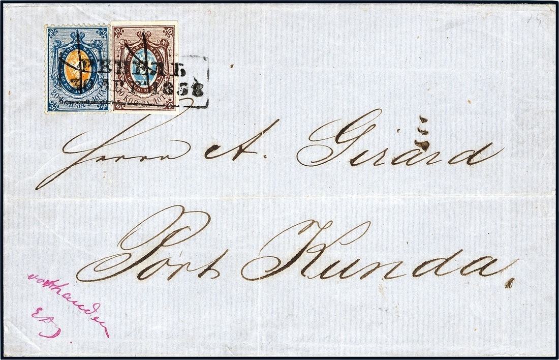 Russian 1858 20k Blue and orange auctioned at Spink. The item was sold for US$125,000