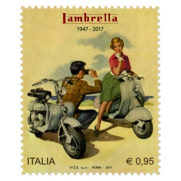 The 70th anniversary of the Lambretta Scooter marked by Italy Post. One stamp with a special retro motive released