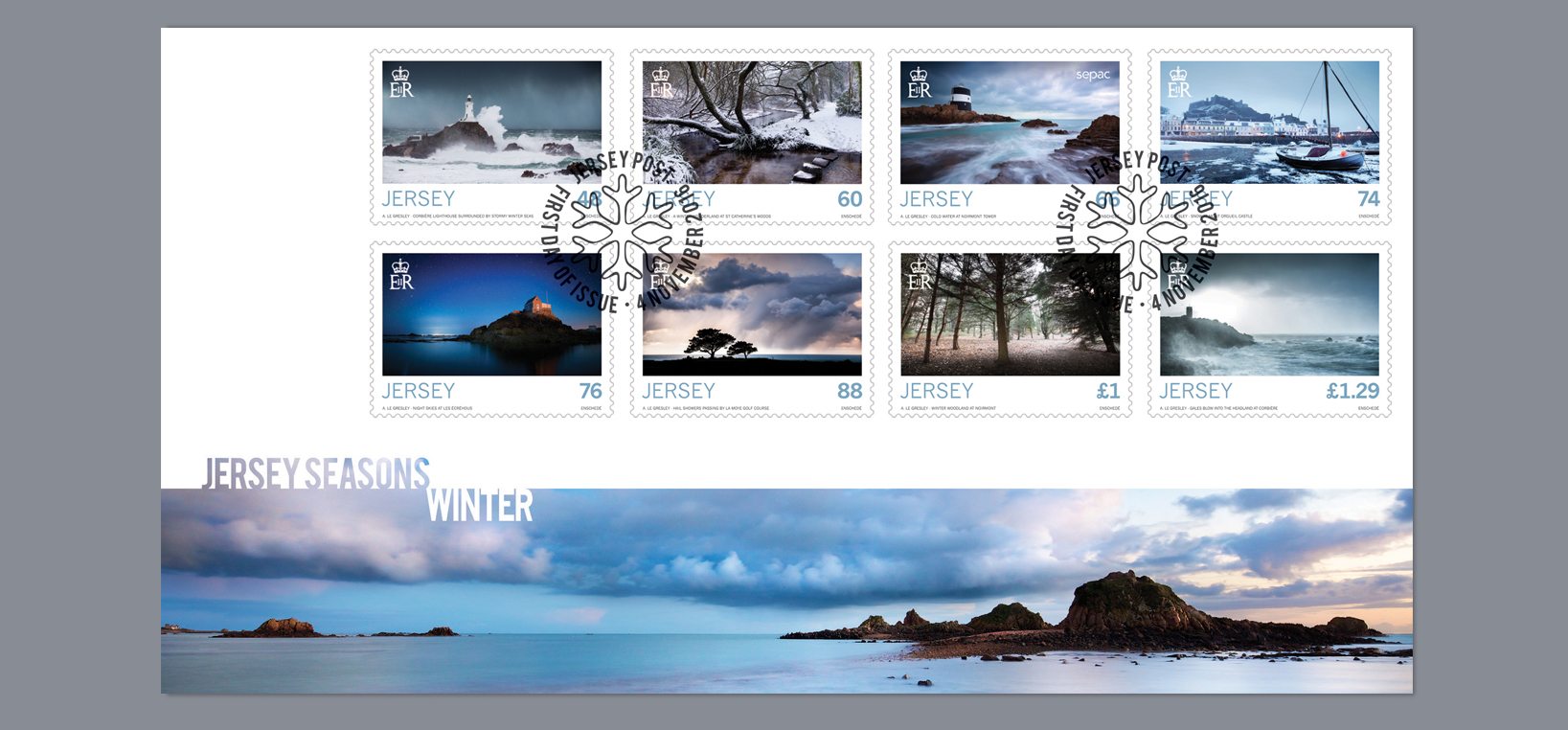 Winter as the best time to visit Jersey. Eight seasonal stamps released by Jersey Post