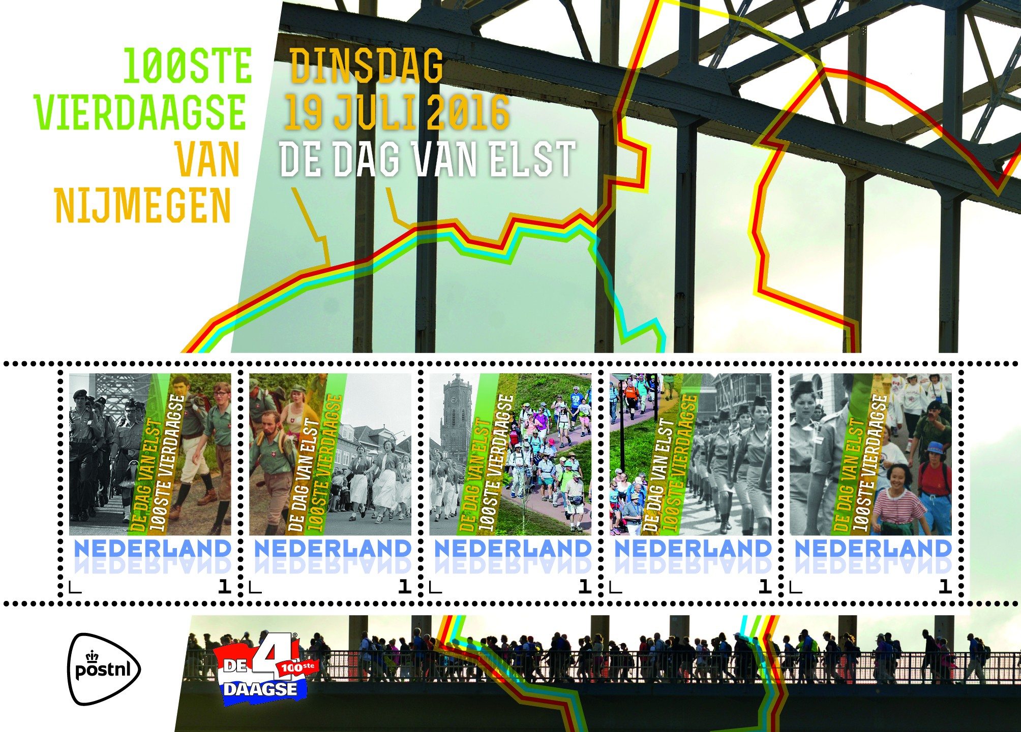 Nijmegen’s Four Day Walk as the unique tradition in Netherlands! Four days of walking pictured on 5 stamps by PostNL