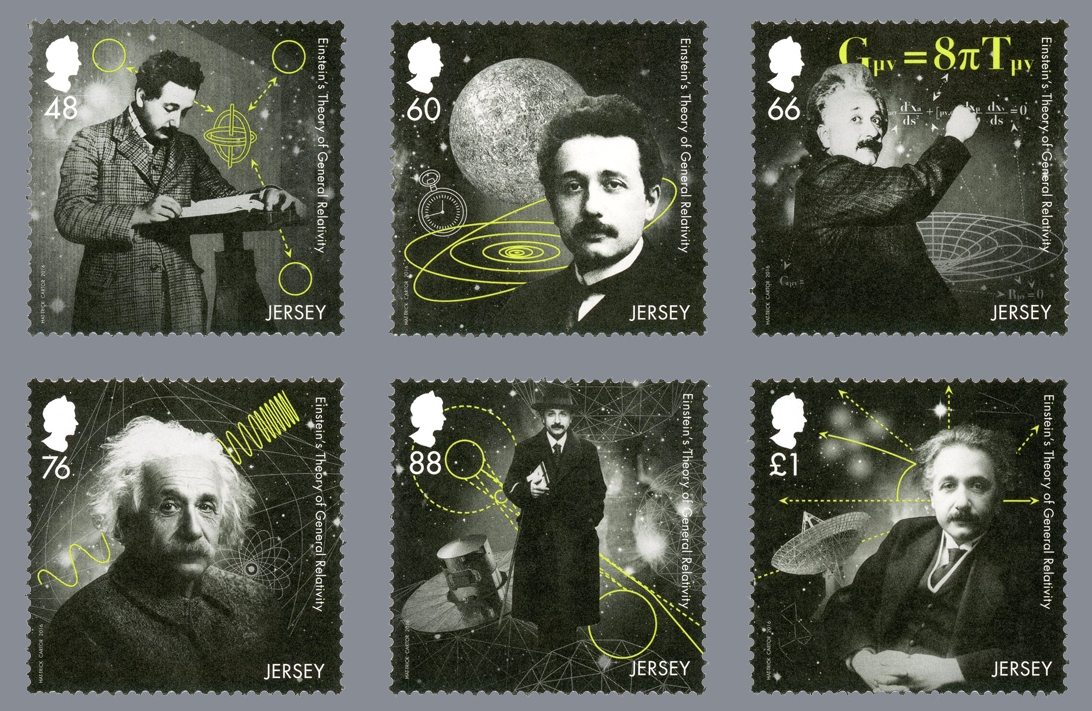 Albert Einstein as one of the greatest physicists to have ever lived. 4 bright scientific stamps released by Jersey Post