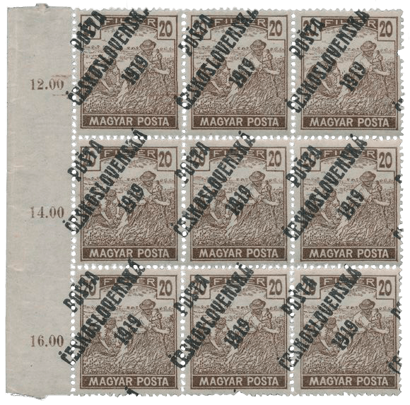 20f brown âMagyar Postaâ overprint block, 1919