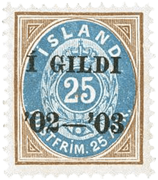 25a yellow brown & blue with black overprint, 1902-03