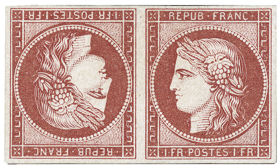 1849 1Fr Leichte Karmin auf gelblichem tete-beche Stempel