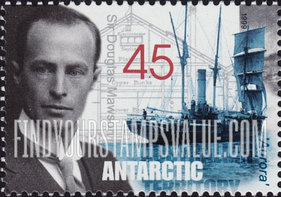 FindYourStampsValue: AUSTRALIAN ANTARCTIC TERRITORY - Preservation of Huts used During Mawson’s Antarctic Expedition: Photograph of Mawson, sailing ship Aurora