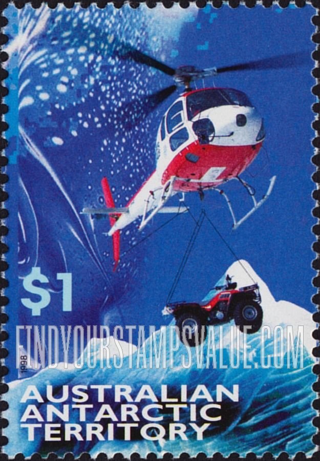FindYourStampsValue: AUSTRALIAN ANTARCTIC TERRITORY - Modes of Transportion: Helicopter airlifting a four-wheel drive ATV, vertical