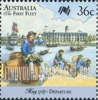 FindYourStampsValue: First Fleet Leaving England: Sailors relaxing and working