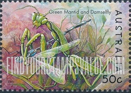 FindYourStampsValue: Insects: Green mantid and damselfly