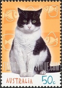 FindYourStampsValue: Cats and Dogs: Cat (fish background)