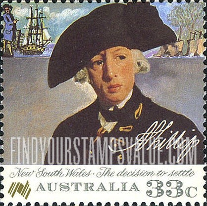 FindYourStampsValue: Australia Bicentennial: Captain Arthur Phillip, 1st penal colony governor, by F. Wheatley, 1786