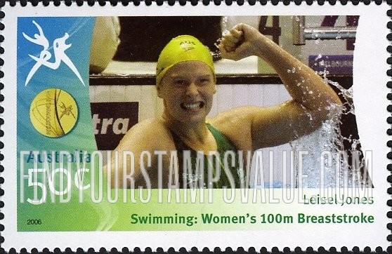 FindYourStampsValue: Medalists at Commonwealth Games: Leisel Jones with fist raised