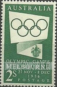 FindYourStampsValue: Olympic Circles and Arms of Melbourne: Olympic Type of 1954