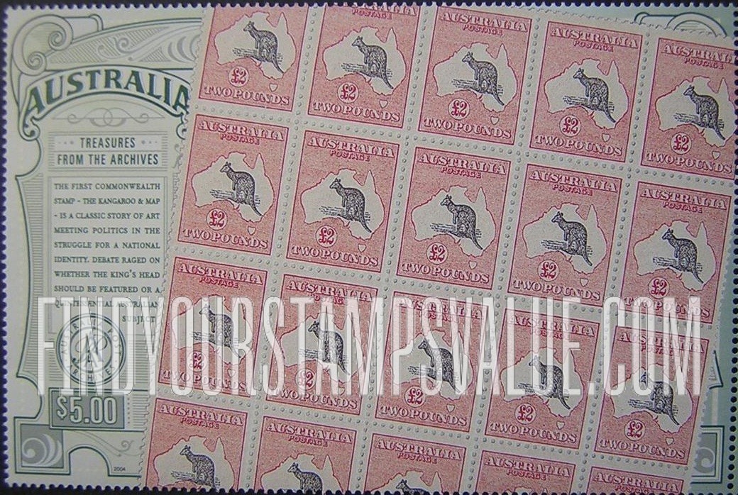 FindYourStampsValue: Block of £2 Kangaroo & Map Stamps from Australia Post Archives