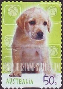 FindYourStampsValue: Cats and Dogs: Labrador retriever puppy (ball background)