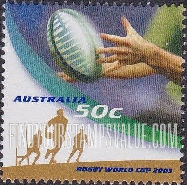 FindYourStampsValue: 2003 Rugby World Cup: Players running with ball, hands and ball