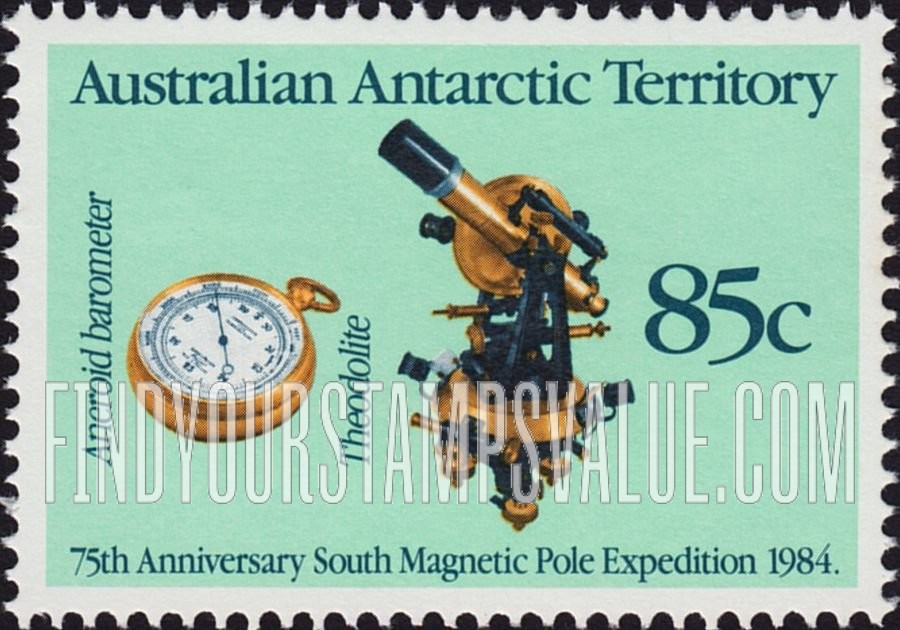 FindYourStampsValue: AUSTRALIAN ANTARCTIC TERRITORY - South Magnetic Pole Expedition 75th Anniversary: Aneroid barometer