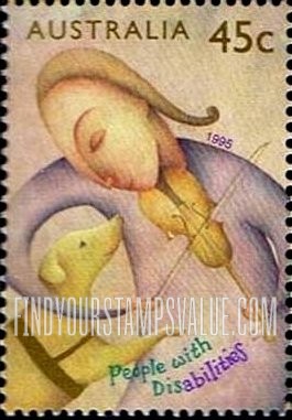 FindYourStampsValue: People with Disabilities: Blind person playing violin, guide dog