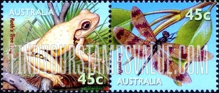 FindYourStampsValue: Pond Fauna: Roth’s tree frog and Dragonfly
