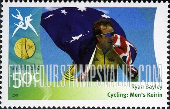 FindYourStampsValue: Medalists at Commonwealth Games: Ryan Bayley holding flag