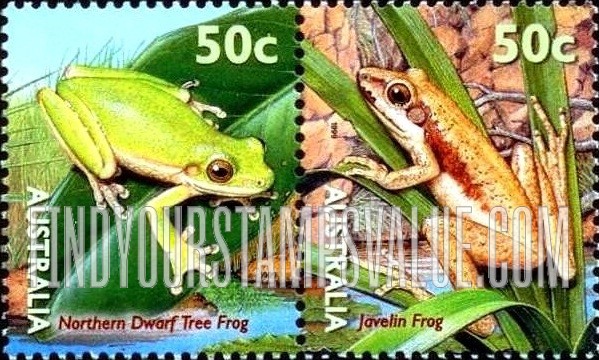 FindYourStampsValue: Pond Fauna: Northern dwarf tree frog and Javelin frog