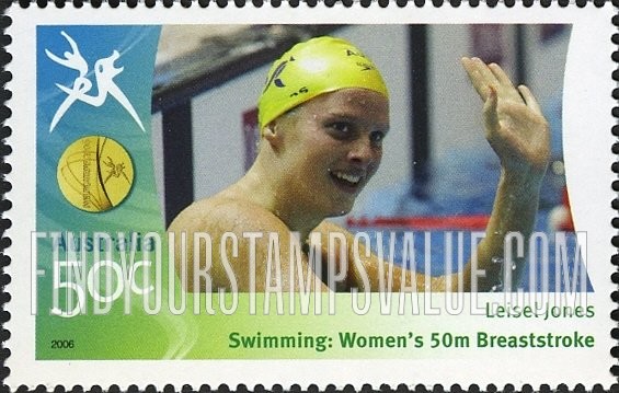 FindYourStampsValue: Medalists at Commonwealth Games: Leisel Jones wearing swim cap and waving