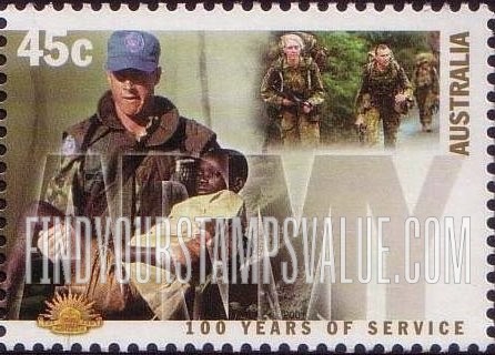 FindYourStampsValue: Australian Army, Centennial: Soldier in UN peacekeeping mission carrying Rwandan child, 1995, soldierscourse, 1997 on commando officer selection