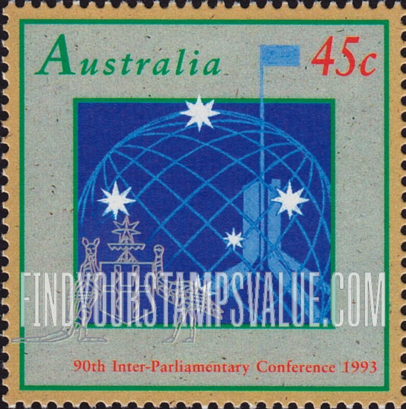 FindYourStampsValue: Stylized globe, national arms, Inter-Parliamentary Conference emblem