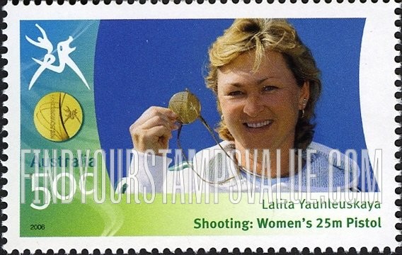 FindYourStampsValue: Medalists at Commonwealth Games: Lalita Yauhleuskaya holding medal