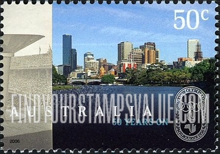 FindYourStampsValue: Melbourne Summer Olympics, 50th Anniversary: View of Melbourne across Yarra River, 2006, Olympic torch