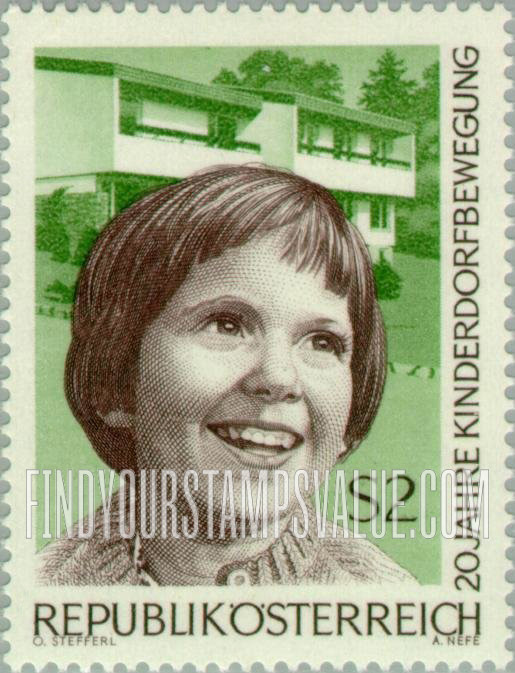 FindYourStampsValue: SOS Children’s Villages in Austria, 20th Anniversary: Girl’s head and village house