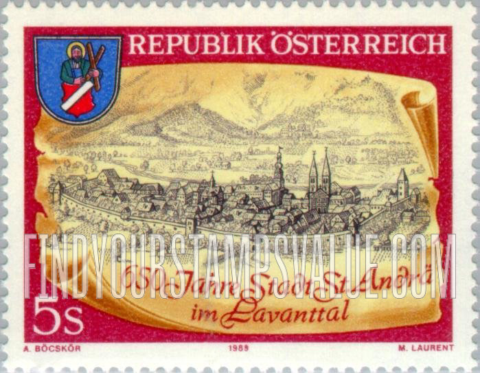 FindYourStampsValue: St. Andra im Lavanttal, 650th Anniversary: Period cityscape by Matthaus Merian