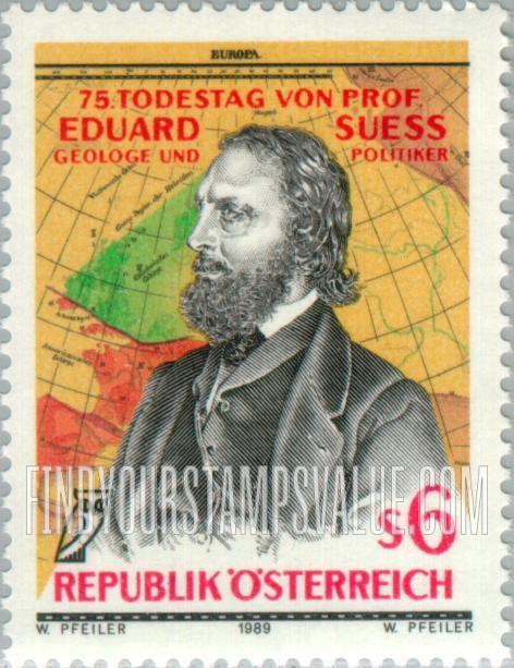 FindYourStampsValue: Eduard Suess (1831-1914), Structural Geologist and Map: Portrait by J. Krieher (1800-1876)