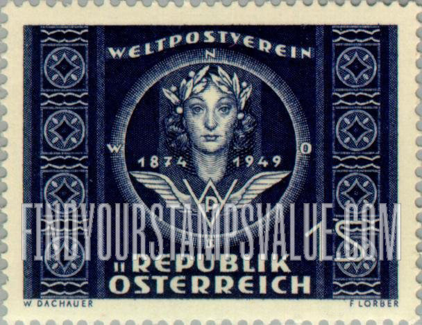 FindYourStampsValue: UPU, 75th Anniversary: “Austria”, wings and monogram