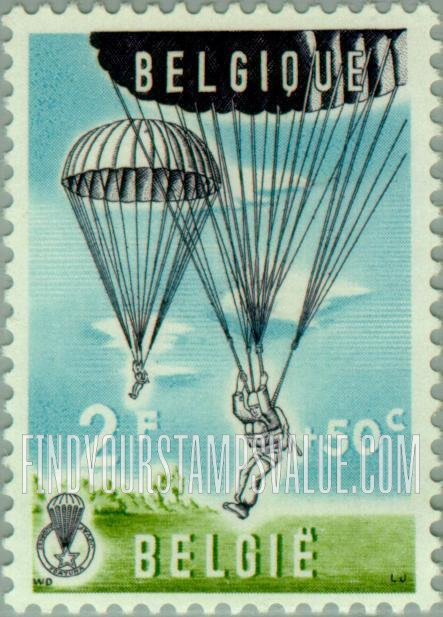 FindYourStampsValue: Semi-Postal: Parachutists coming in for landing