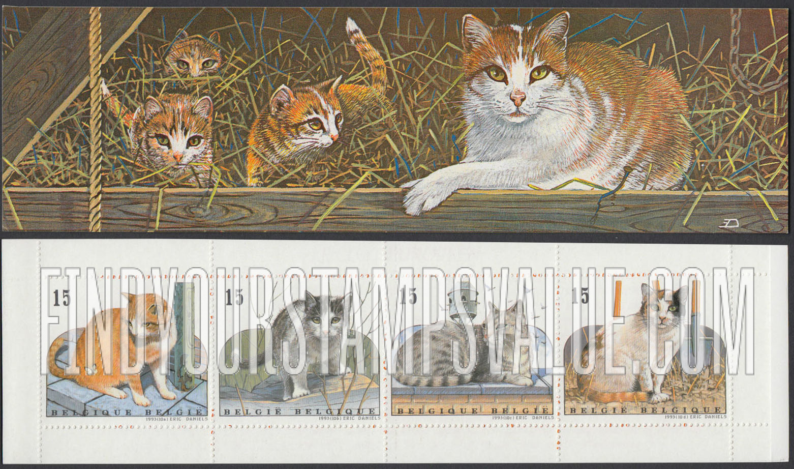 FindYourStampsValue: European House Cats: Brown & white, Black & white, Gray tabby, Calico