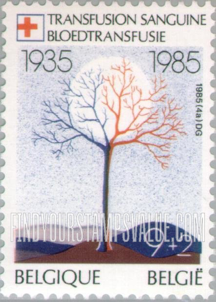 FindYourStampsValue: Semi-Postal: Belgian Red Cross Blood Transfusion Service, 50th Annuversary, Tree