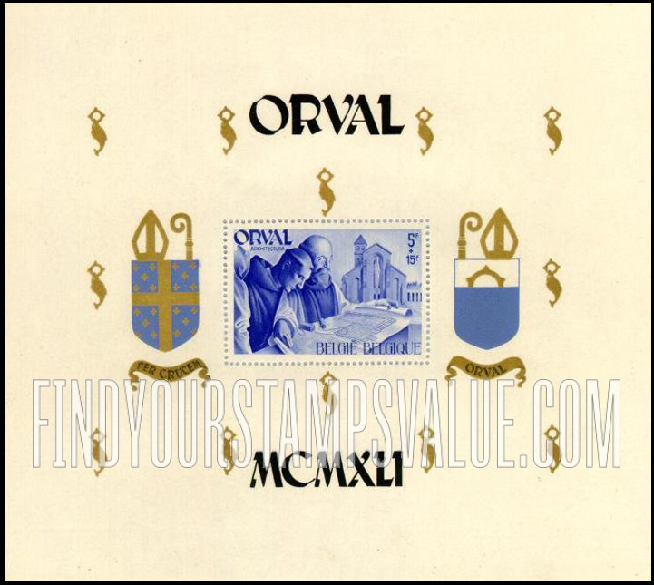 FindYourStampsValue: Semi-Postal: Monks Studying Plans of Orval Abbey