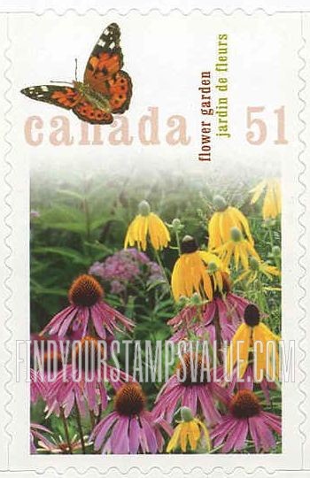 FindYourStampsValue: Gardens: Flower garden and American painted lady butterfly.