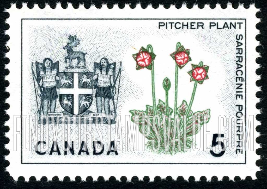 FindYourStampsValue: Pitcher plant and arms of Newfoundland